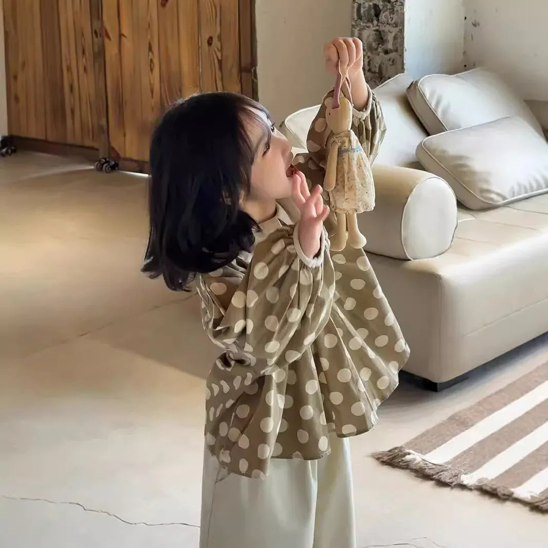 長袖セットアップ キッズトップス/パンツ ポルカドット水玉プリント長袖チュニックブラウス/フリルワイドルーズパンツ【mh0007091】