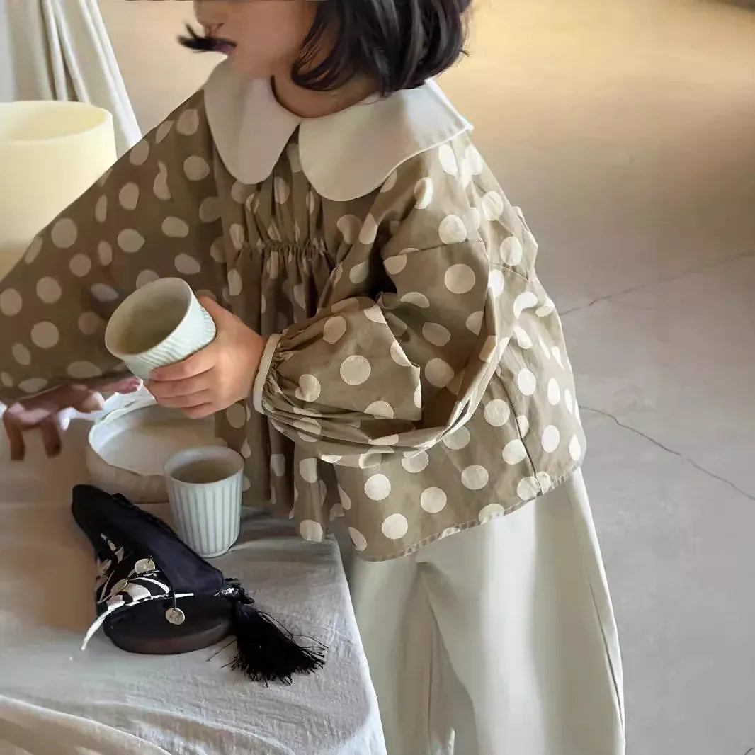 長袖セットアップ キッズトップス/パンツ ポルカドット水玉プリント長袖チュニックブラウス/フリルワイドルーズパンツ【mh0007091】