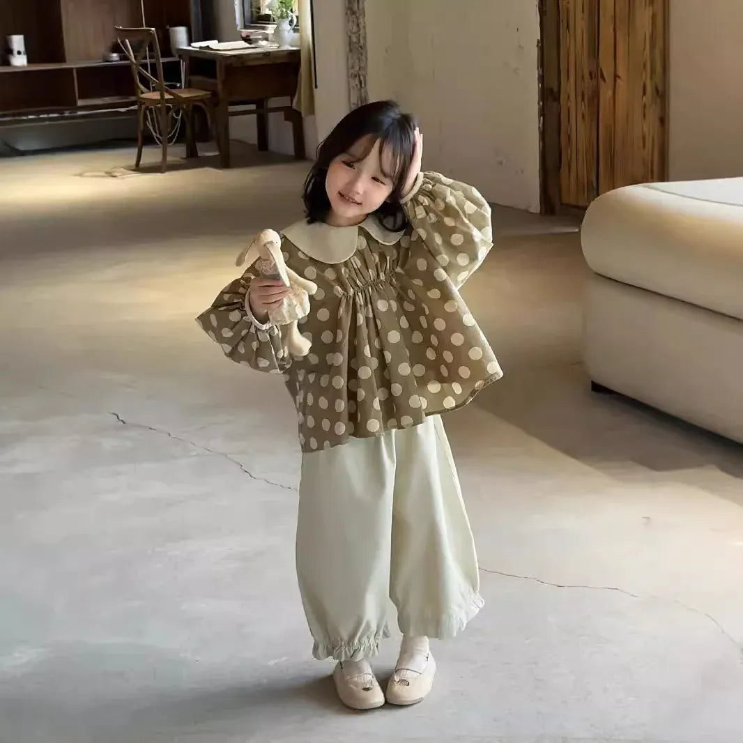 長袖セットアップ キッズトップス/パンツ ポルカドット水玉プリント長袖チュニックブラウス/フリルワイドルーズパンツ【mh0007091】