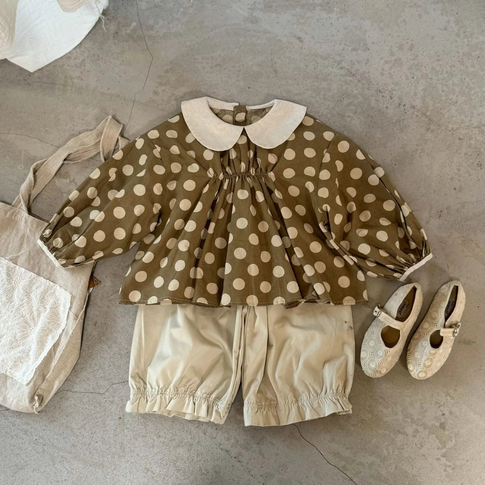 長袖セットアップ キッズトップス/パンツ ポルカドット水玉プリント長袖チュニックブラウス/フリルワイドルーズパンツ【mh0007091】