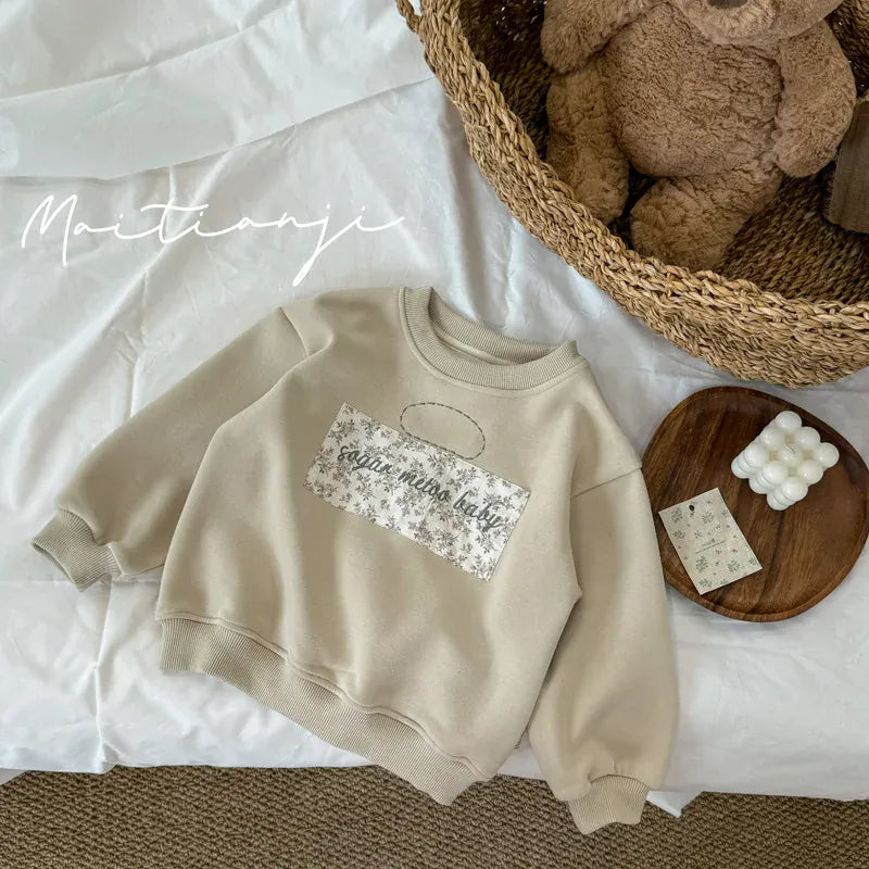 トレーナー・フーディ キッズトップス タグパッチワーク裏フリース長袖スウェットトレーナー アプリコット【mh0007250】