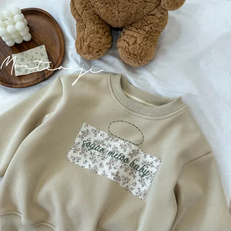 トレーナー・フーディ キッズトップス タグパッチワーク裏フリース長袖スウェットトレーナー アプリコット【mh0007250】