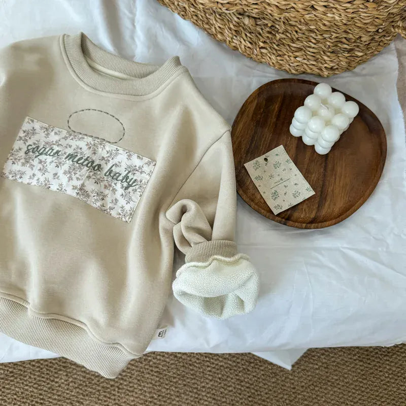 トレーナー・フーディ キッズトップス タグパッチワーク裏フリース長袖スウェットトレーナー アプリコット【mh0007250】