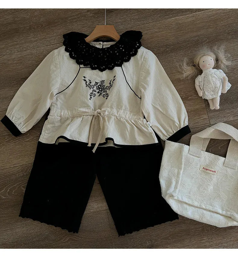 長袖セットアップ キッズトップス ラッフル襟フラワー刺繍チュニックブラウス/ロングフリルパンツ【mh0007315】