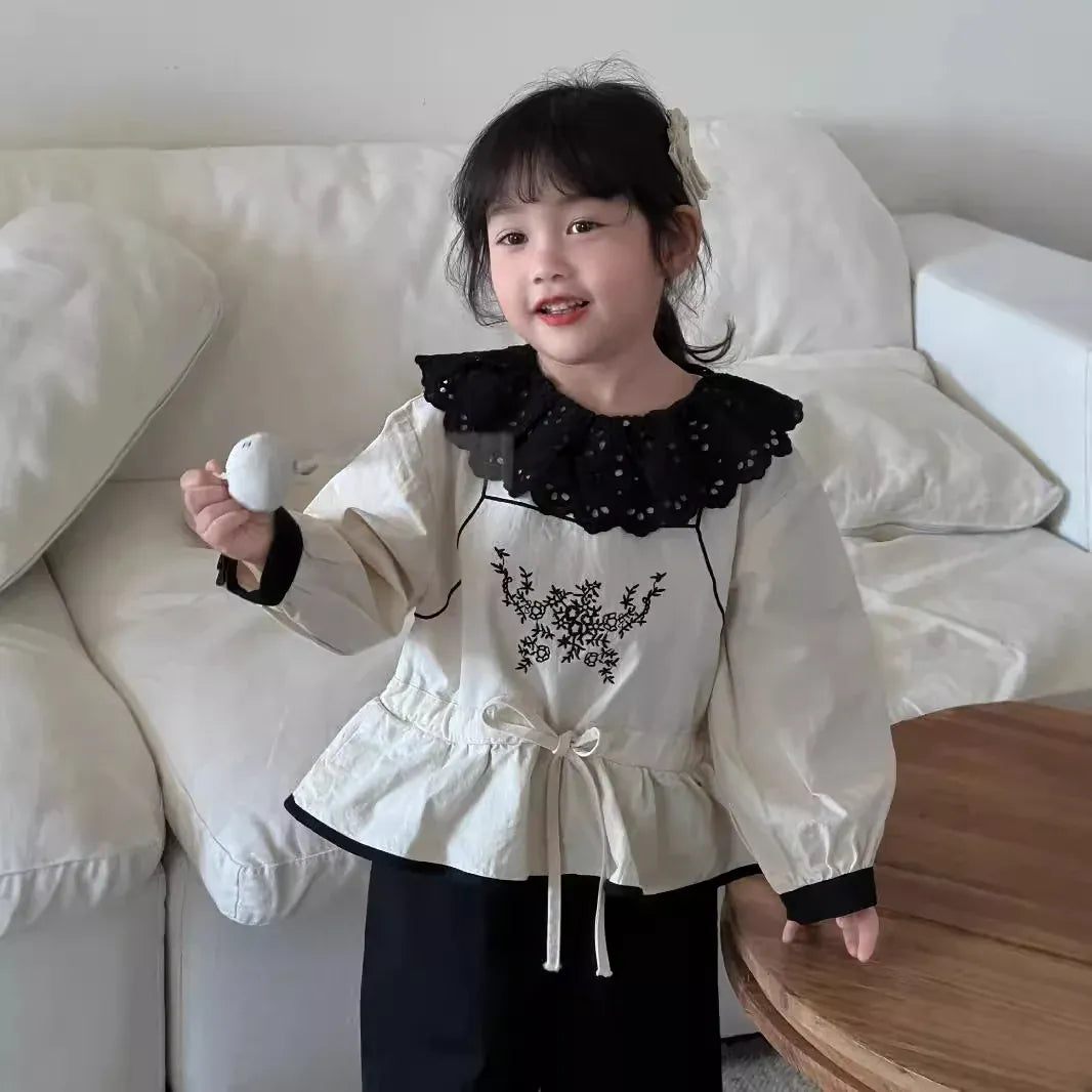 長袖セットアップ キッズトップス ラッフル襟フラワー刺繍チュニックブラウス/ロングフリルパンツ【mh0007315】