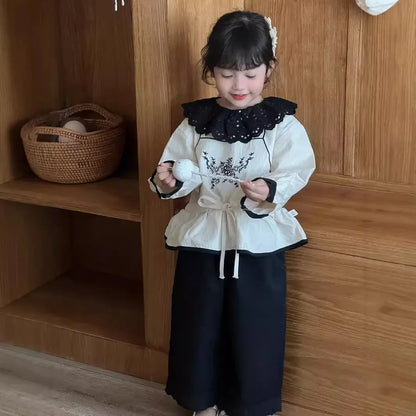 長袖セットアップ キッズトップス ラッフル襟フラワー刺繍チュニックブラウス/ロングフリルパンツ【mh0007315】