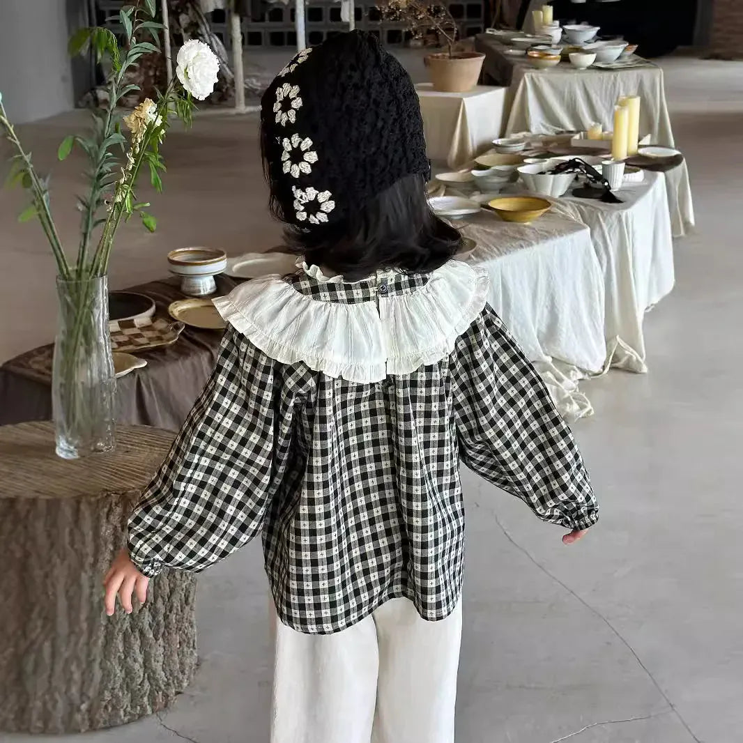 長袖シャツ・ブラウス キッズトップス ラッフル襟チェック長袖チュニックブラウス【mh0007319】