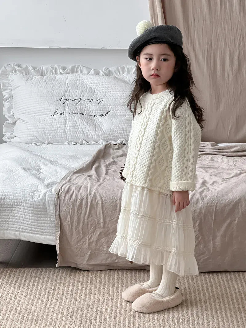 長袖ワンピース キッズワンピース アランニットケーブル編みセータードッキングレーススカートワンピース【mh0008145】