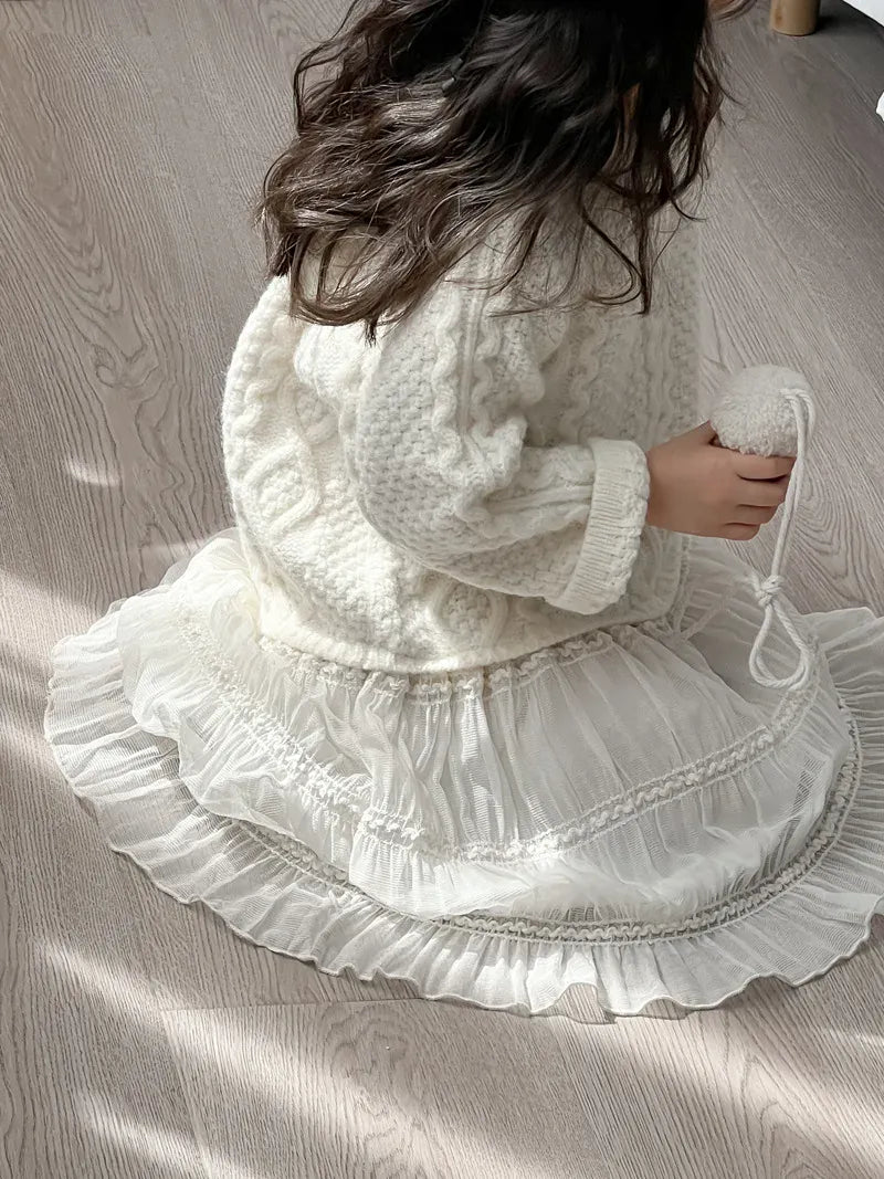 長袖ワンピース キッズワンピース アランニットケーブル編みセータードッキングレーススカートワンピース【mh0008145】