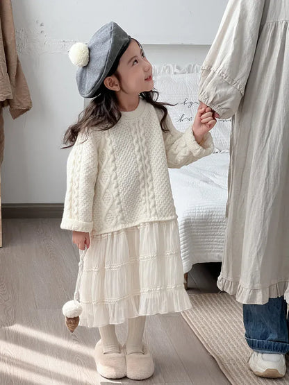 長袖ワンピース キッズワンピース アランニットケーブル編みセータードッキングレーススカートワンピース【mh0008145】