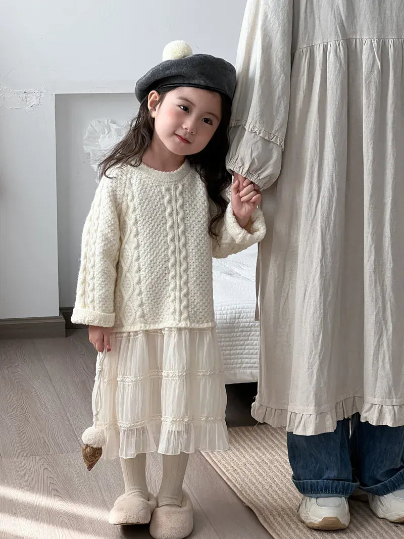 長袖ワンピース キッズワンピース アランニットケーブル編みセータードッキングレーススカートワンピース【mh0008145】