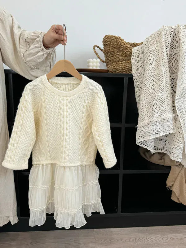 長袖ワンピース キッズワンピース アランニットケーブル編みセータードッキングレーススカートワンピース【mh0008145】