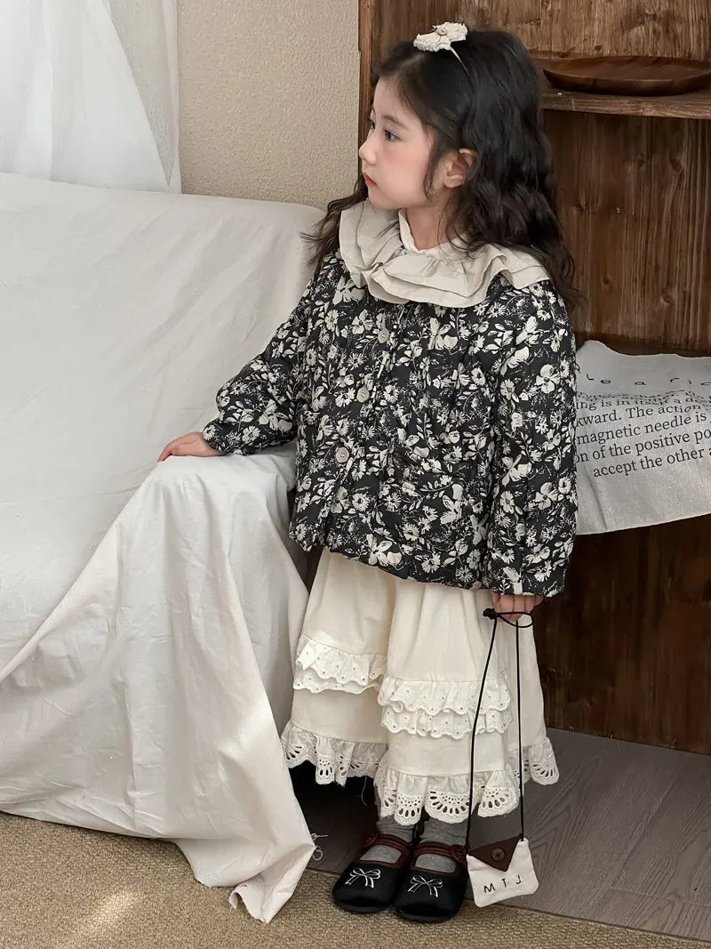 長袖セットアップ キッズジャケット/スカート ラッフルカラーフラワープリントパデッドジャケット/ダブルレースフリルスカート【mh0008147】