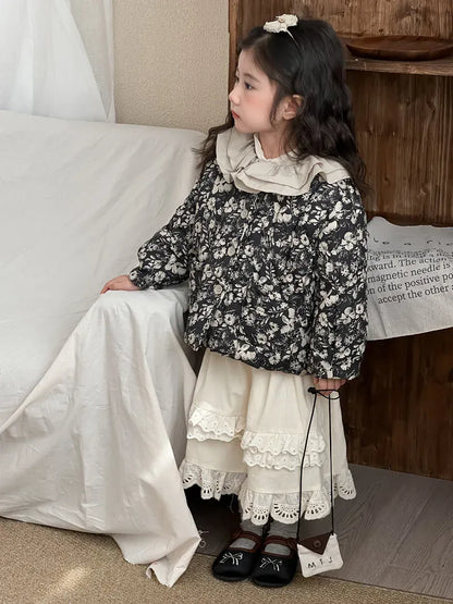 長袖セットアップ キッズジャケット/スカート ラッフルカラーフラワープリントパデッドジャケット/ダブルレースフリルスカート【mh0008147】