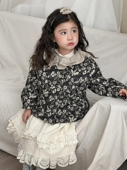長袖セットアップ キッズジャケット/スカート ラッフルカラーフラワープリントパデッドジャケット/ダブルレースフリルスカート【mh0008147】
