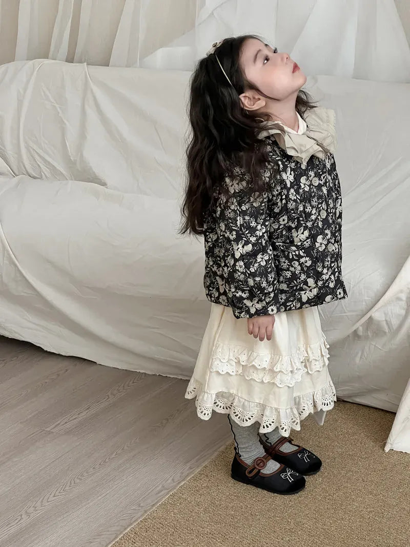 長袖セットアップ キッズジャケット/スカート ラッフルカラーフラワープリントパデッドジャケット/ダブルレースフリルスカート【mh0008147】