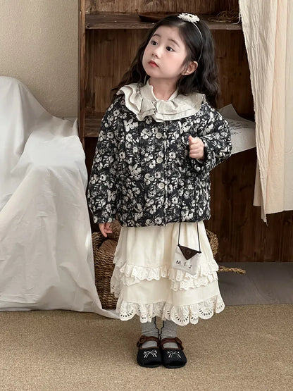 長袖セットアップ キッズジャケット/スカート ラッフルカラーフラワープリントパデッドジャケット/ダブルレースフリルスカート【mh0008147】