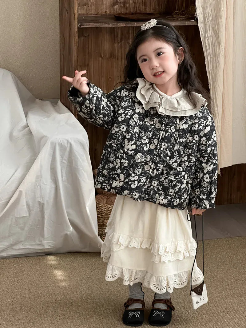 長袖セットアップ キッズジャケット/スカート ラッフルカラーフラワープリントパデッドジャケット/ダブルレースフリルスカート【mh0008147】