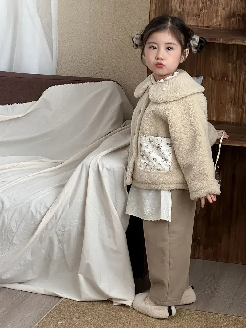 ショートコート・ジャケット・ジャンパー キッズアウター ボアフリースパッチポケット丸襟コートジャケット【mh0008155】