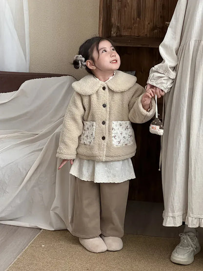 ショートコート・ジャケット・ジャンパー キッズアウター ボアフリースパッチポケット丸襟コートジャケット【mh0008155】