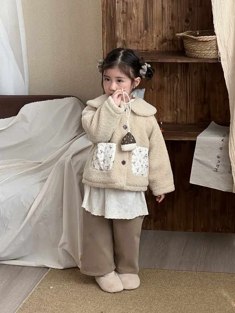 ショートコート・ジャケット・ジャンパー キッズアウター ボアフリースパッチポケット丸襟コートジャケット【mh0008155】