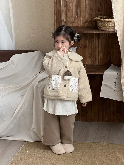 ショートコート・ジャケット・ジャンパー キッズアウター ボアフリースパッチポケット丸襟コートジャケット【mh0008155】