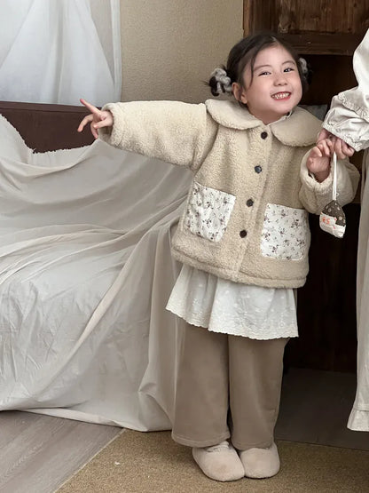 ショートコート・ジャケット・ジャンパー キッズアウター ボアフリースパッチポケット丸襟コートジャケット【mh0008155】