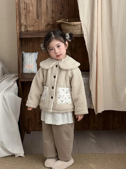 ショートコート・ジャケット・ジャンパー キッズアウター ボアフリースパッチポケット丸襟コートジャケット【mh0008155】