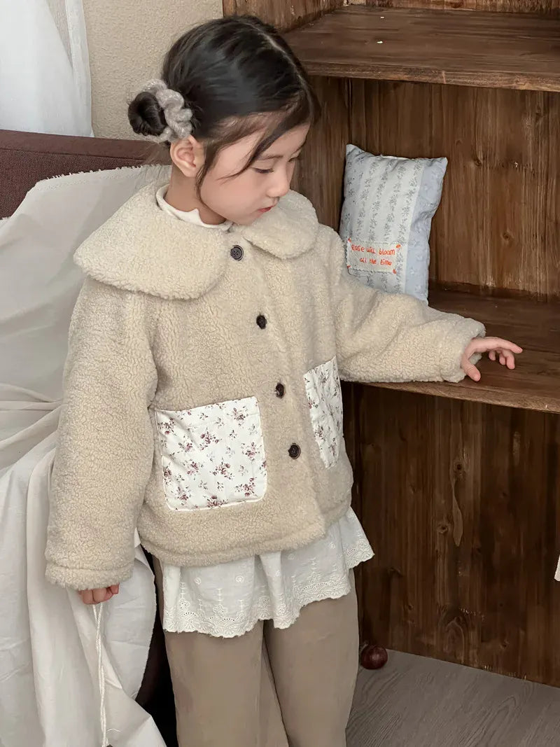 ショートコート・ジャケット・ジャンパー キッズアウター ボアフリースパッチポケット丸襟コートジャケット【mh0008155】