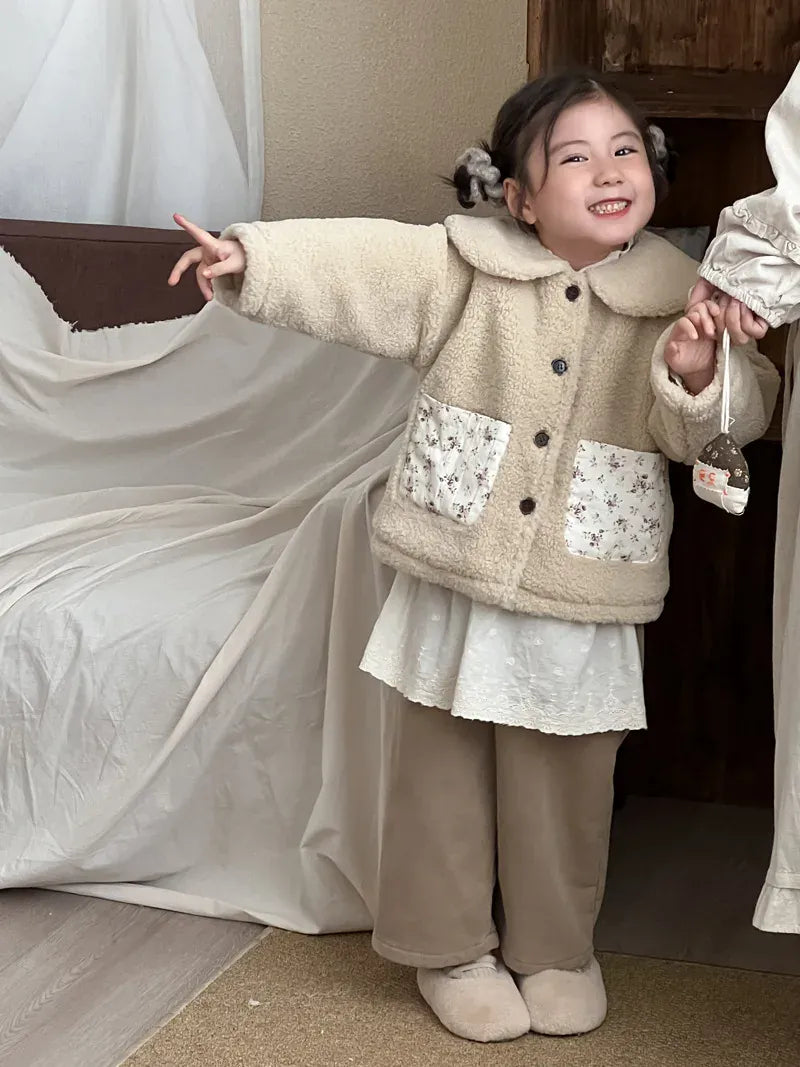 ショートコート・ジャケット・ジャンパー キッズアウター ボアフリースパッチポケット丸襟コートジャケット【mh0008155】