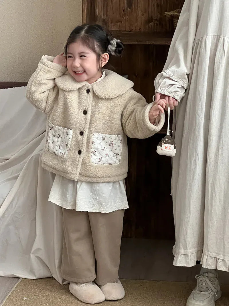 ショートコート・ジャケット・ジャンパー キッズアウター ボアフリースパッチポケット丸襟コートジャケット【mh0008155】