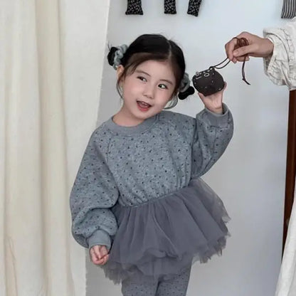 長袖セットアップ キッズトップス/パンツ チュチュチュールペプラムドッキング裏フリース長袖スウェットシャツ/レッグウォーマードッキングレギンスパンツ【mh0008229】