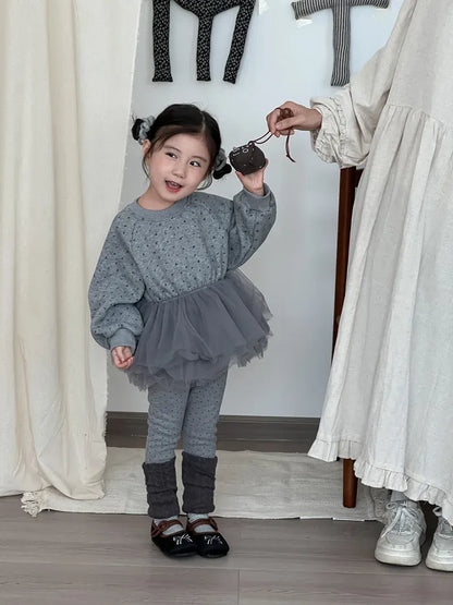 長袖セットアップ キッズトップス/パンツ チュチュチュールペプラムドッキング裏フリース長袖スウェットシャツ/レッグウォーマードッキングレギンスパンツ【mh0008229】