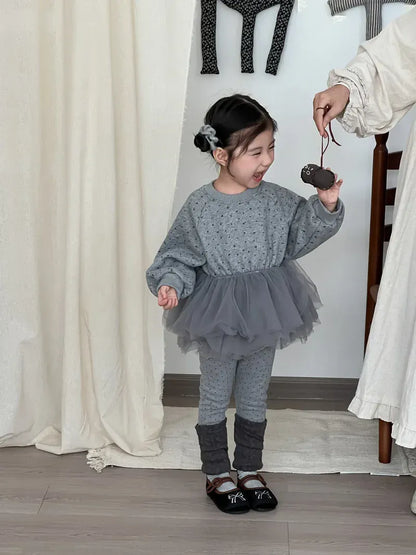 長袖セットアップ キッズトップス/パンツ チュチュチュールペプラムドッキング裏フリース長袖スウェットシャツ/レッグウォーマードッキングレギンスパンツ【mh0008229】