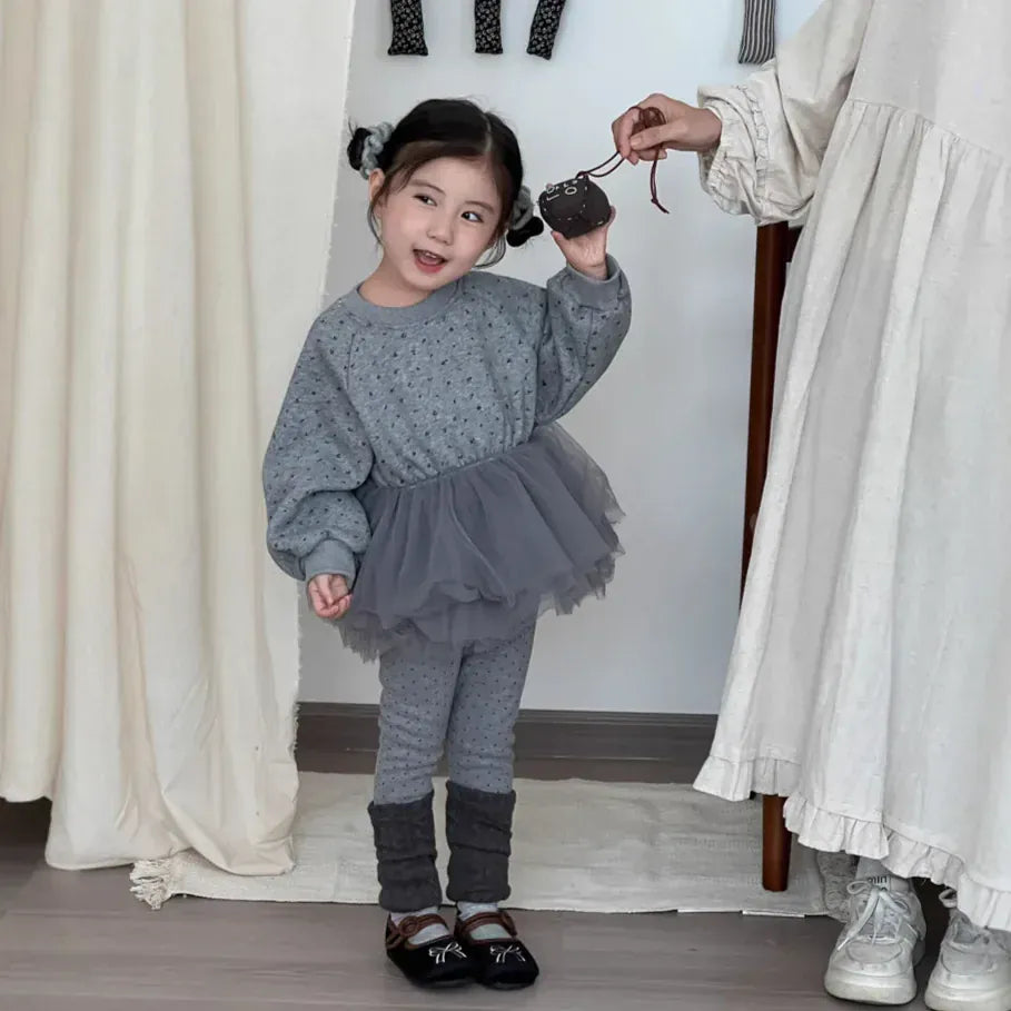 長袖セットアップ キッズトップス/パンツ チュチュチュールペプラムドッキング裏フリース長袖スウェットシャツ/レッグウォーマードッキングレギンスパンツ【mh0008229】