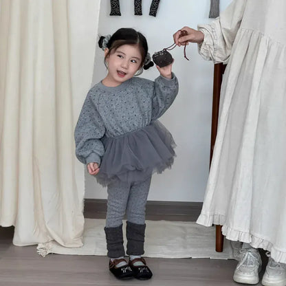 長袖セットアップ キッズトップス/パンツ チュチュチュールペプラムドッキング裏フリース長袖スウェットシャツ/レッグウォーマードッキングレギンスパンツ【mh0008229】
