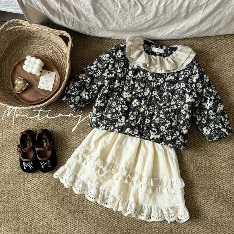 長袖セットアップ キッズアウター/スカート ラッフル襟フラワープリントジャケット/ダブルフリルスカート【mh0008237】