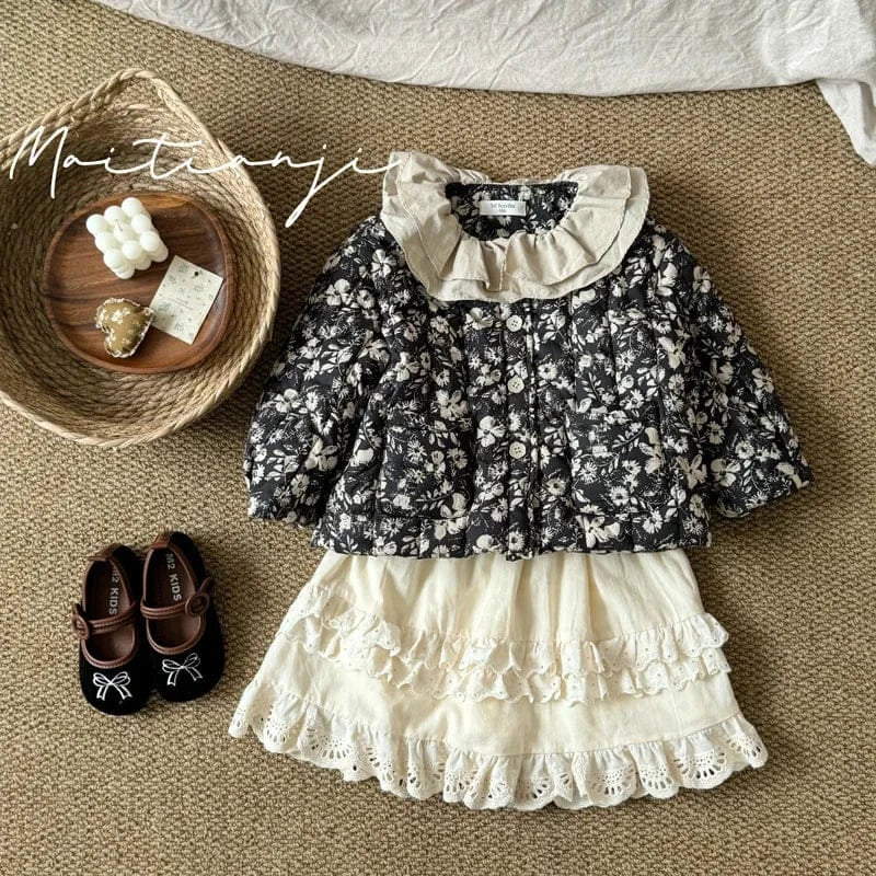 長袖セットアップ キッズアウター/スカート ラッフル襟フラワープリントジャケット/ダブルフリルスカート【mh0008237】