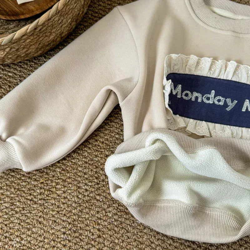 長袖セットアップ キッズトップス/パンツ レースフリルアップリケ長袖スウェットシャツ/レースフリルスカートドッキングロングパンツ【mh0008296】