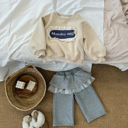 長袖セットアップ キッズトップス/パンツ レースフリルアップリケ長袖スウェットシャツ/レースフリルスカートドッキングロングパンツ【mh0008296】