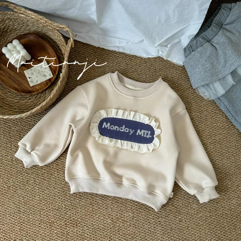 長袖セットアップ キッズトップス/パンツ レースフリルアップリケ長袖スウェットシャツ/レースフリルスカートドッキングロングパンツ【mh0008296】