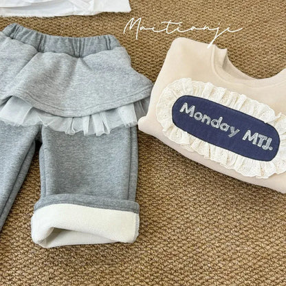 長袖セットアップ キッズトップス/パンツ レースフリルアップリケ長袖スウェットシャツ/レースフリルスカートドッキングロングパンツ【mh0008296】