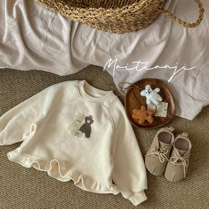 長袖セットアップ キッズトップス/パンツ ベアくまプリントペプラムフリル長袖スウェットシャツ/裾レースロングパンツ【mh0008297】