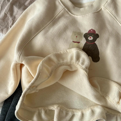 長袖セットアップ キッズトップス/パンツ ベアくまプリントペプラムフリル長袖スウェットシャツ/裾レースロングパンツ【mh0008297】