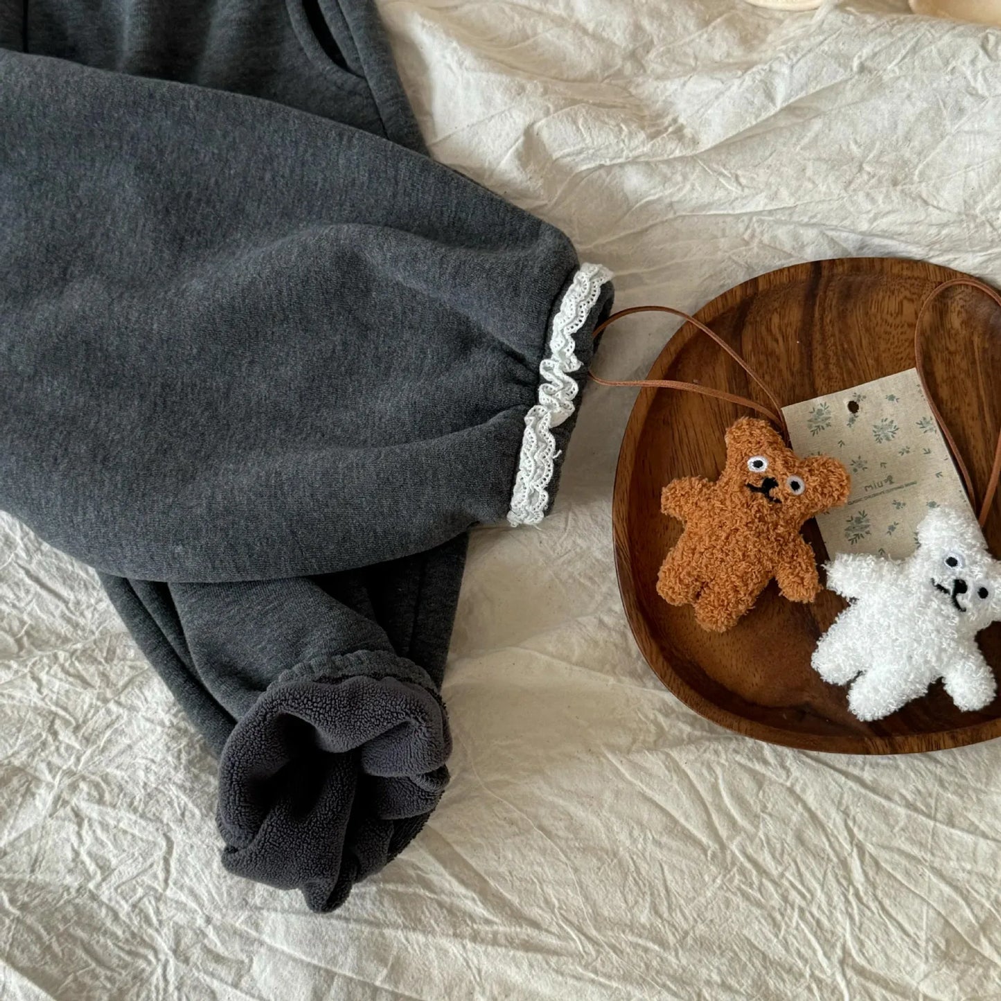 長袖セットアップ キッズトップス/パンツ ベアくまプリントペプラムフリル長袖スウェットシャツ/裾レースロングパンツ【mh0008297】