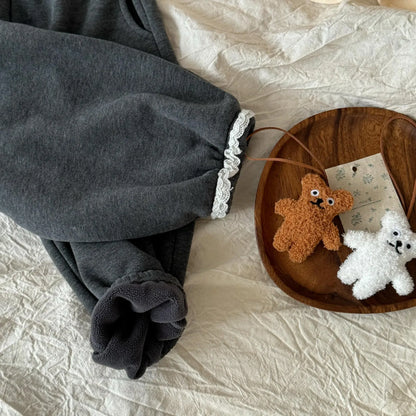 長袖セットアップ キッズトップス/パンツ ベアくまプリントペプラムフリル長袖スウェットシャツ/裾レースロングパンツ【mh0008297】