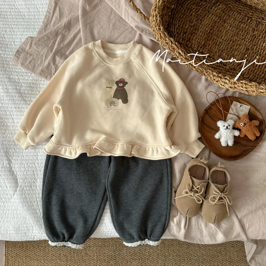長袖セットアップ キッズトップス/パンツ ベアくまプリントペプラムフリル長袖スウェットシャツ/裾レースロングパンツ【mh0008297】