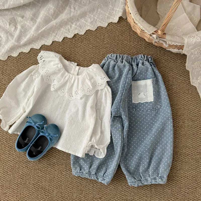 デニムパンツ キッズパンツ 水玉ドットプリントレースポケットワイドルーズデニムパンツ【mh0008862】