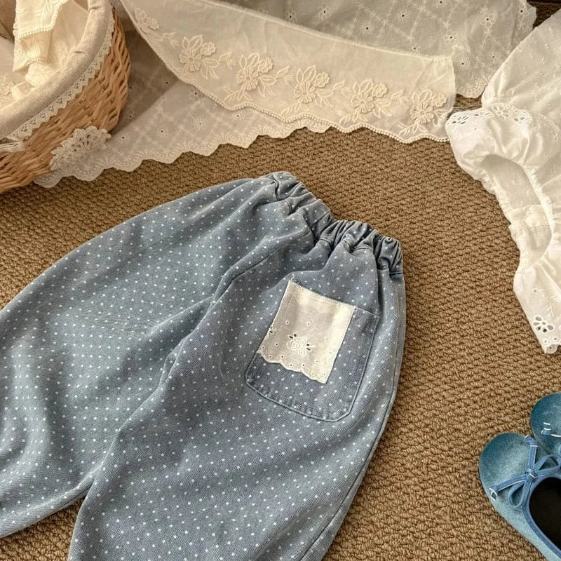 デニムパンツ キッズパンツ 水玉ドットプリントレースポケットワイドルーズデニムパンツ【mh0008862】