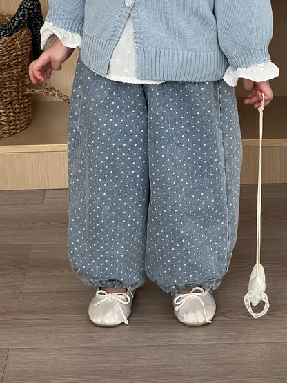 デニムパンツ キッズパンツ 水玉ドットプリントレースポケットワイドルーズデニムパンツ【mh0008862】